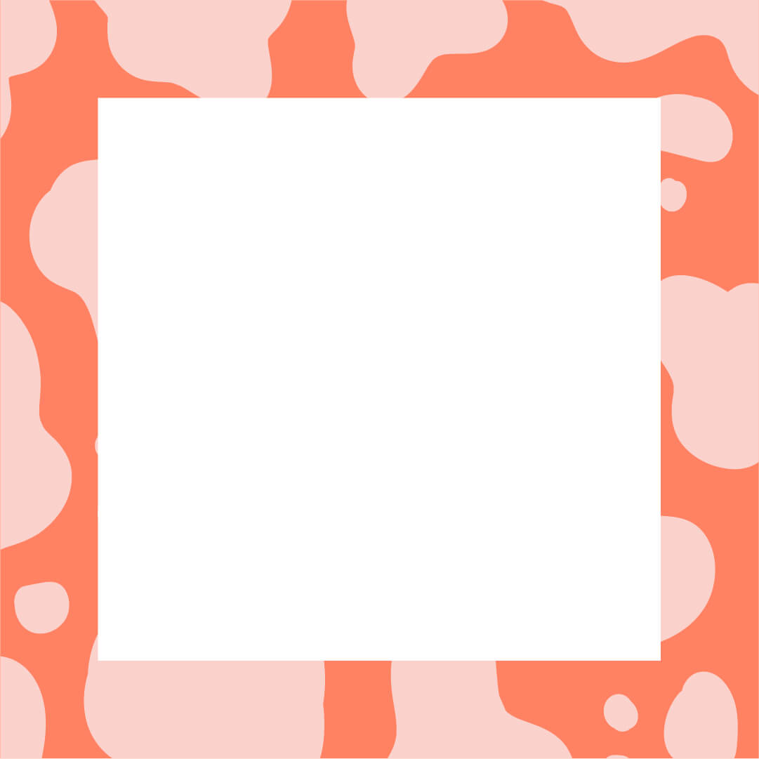 A white square with a red and pink cow print border
