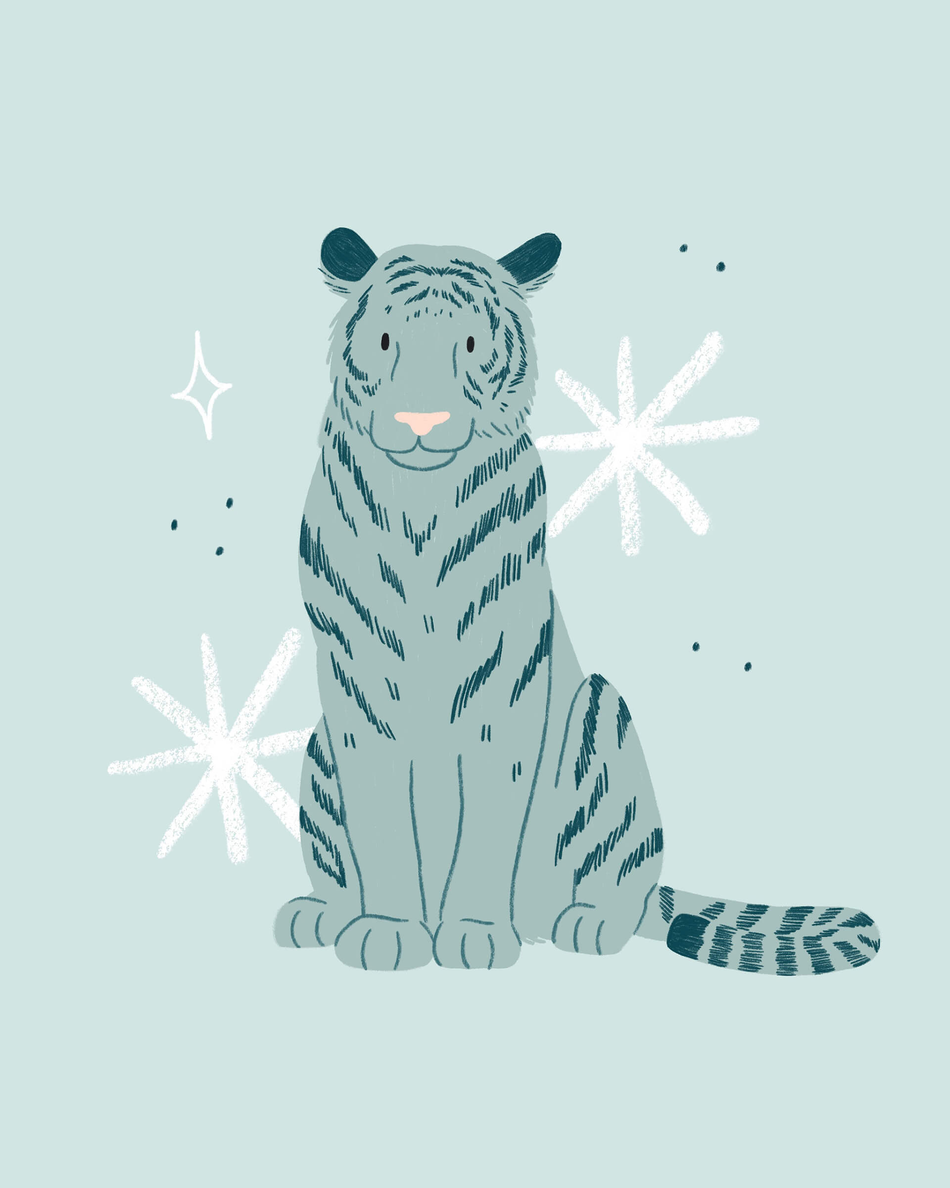 An illustration of a blue tiger sitting and looking towards the viewer