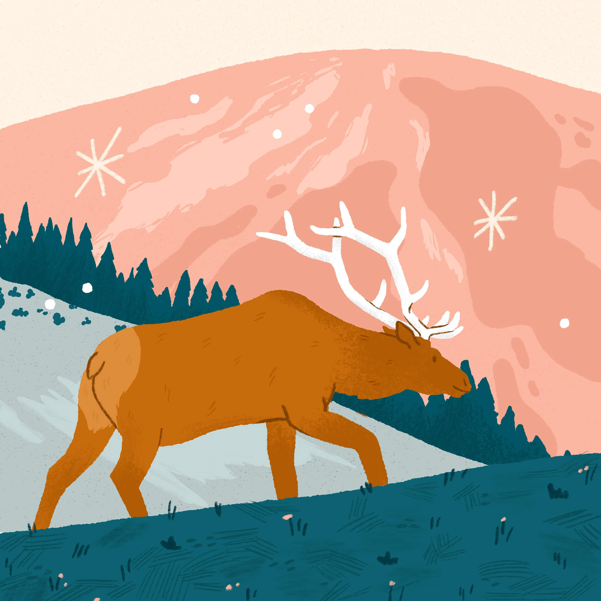 An illustration of an elk climbing a grassy slope among pink and blue mountains