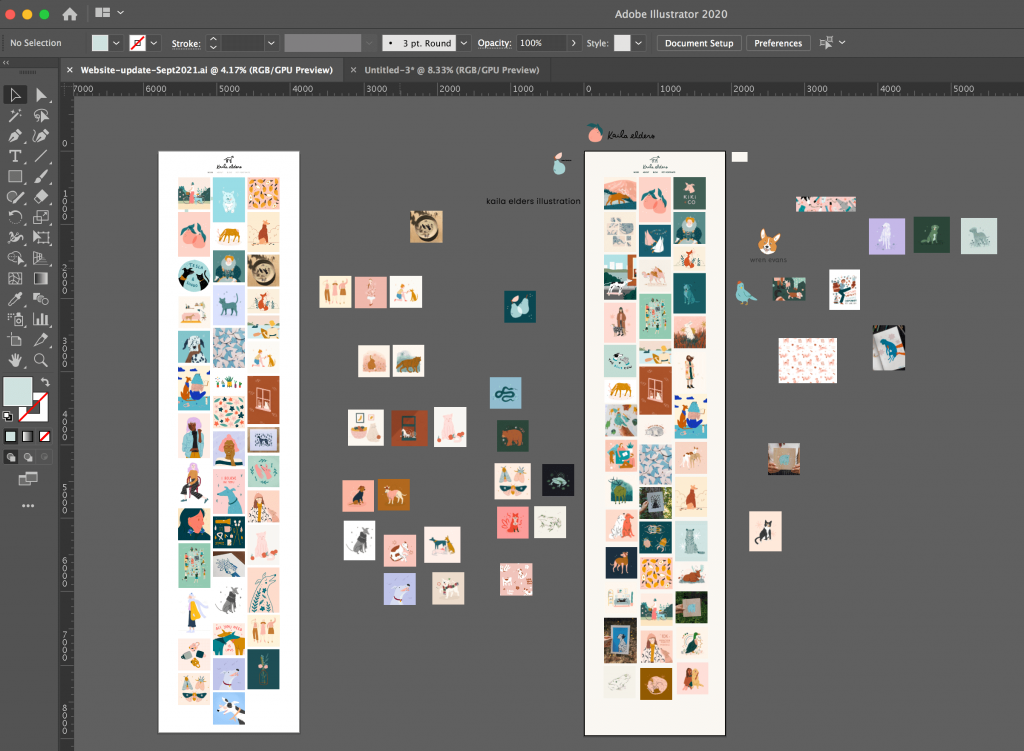 A screenshot of adobe illustrator with two large artboards. On the left is the previous version of my website, on the right the plan for the update