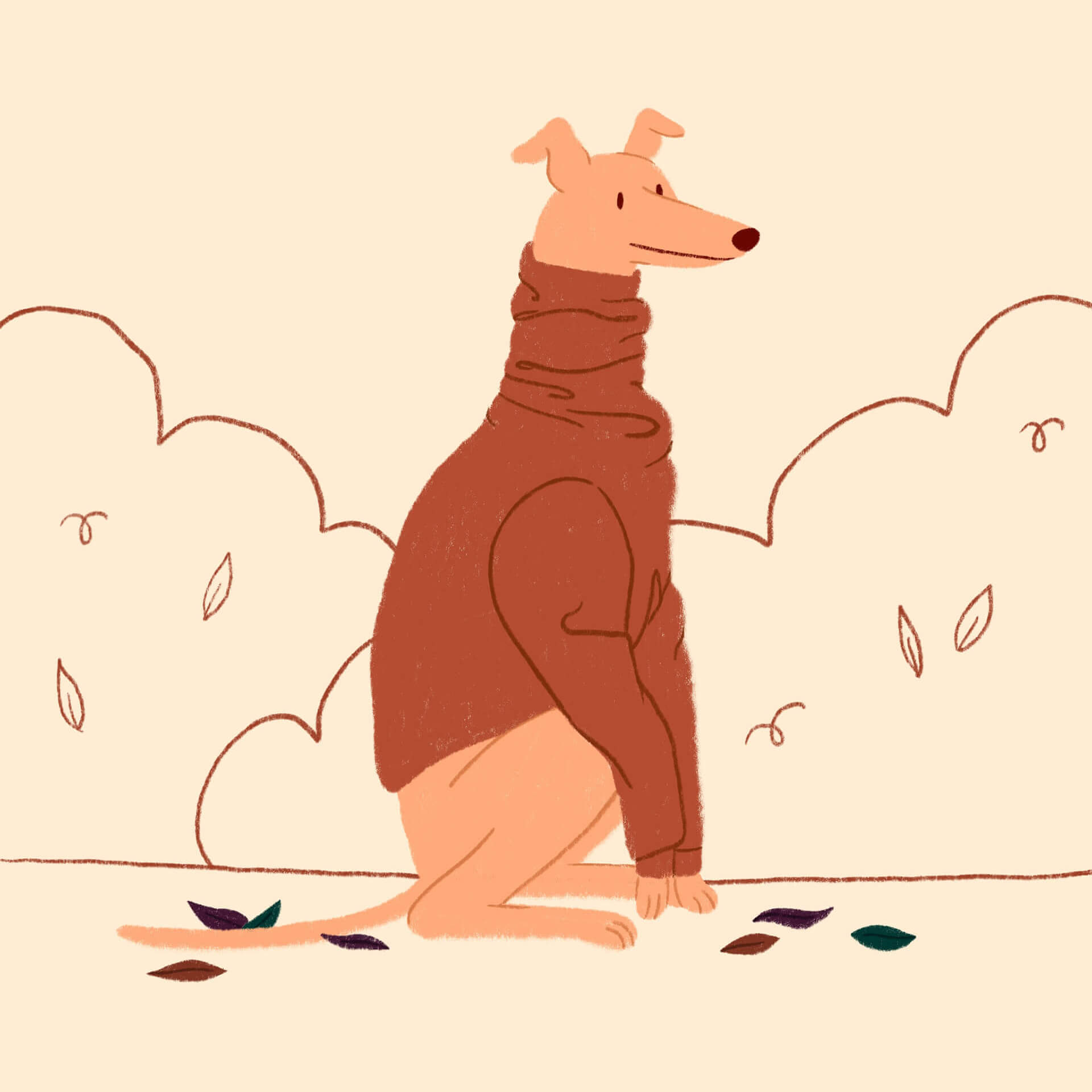 An illustration of a small orange sighthound in a sweater