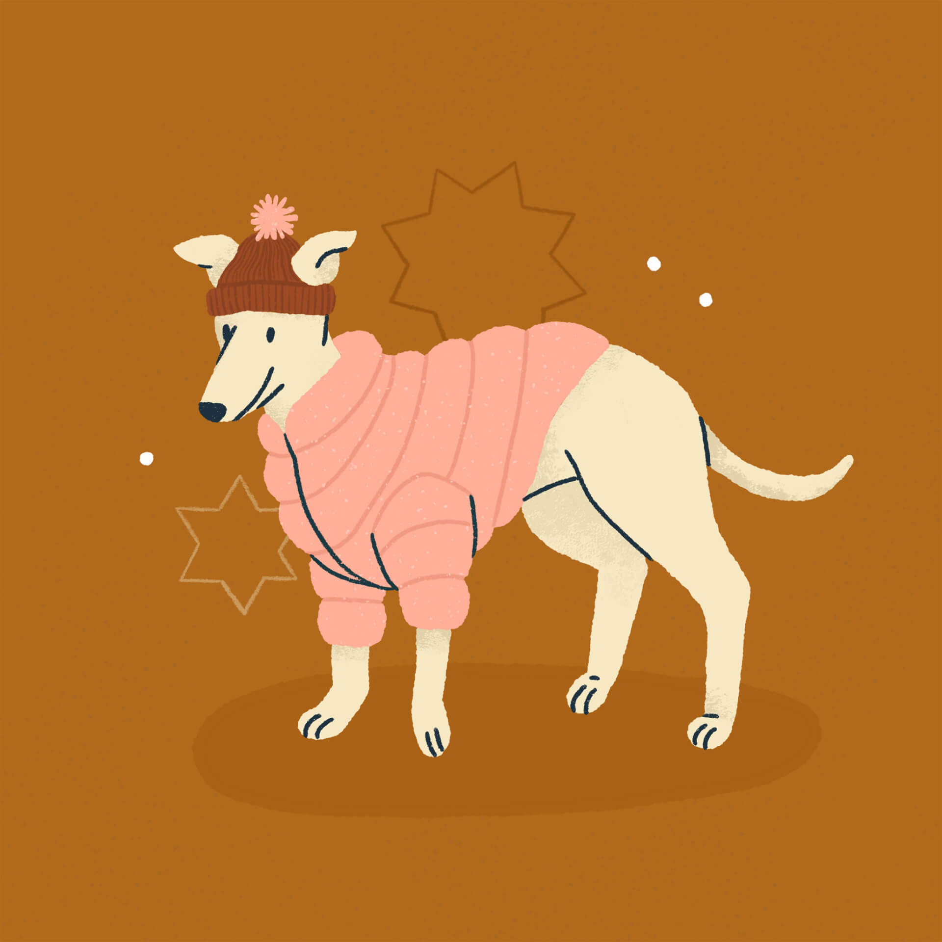 An illustration of a white whippet in a pink puffer coat, with a dark orange pom pom hat