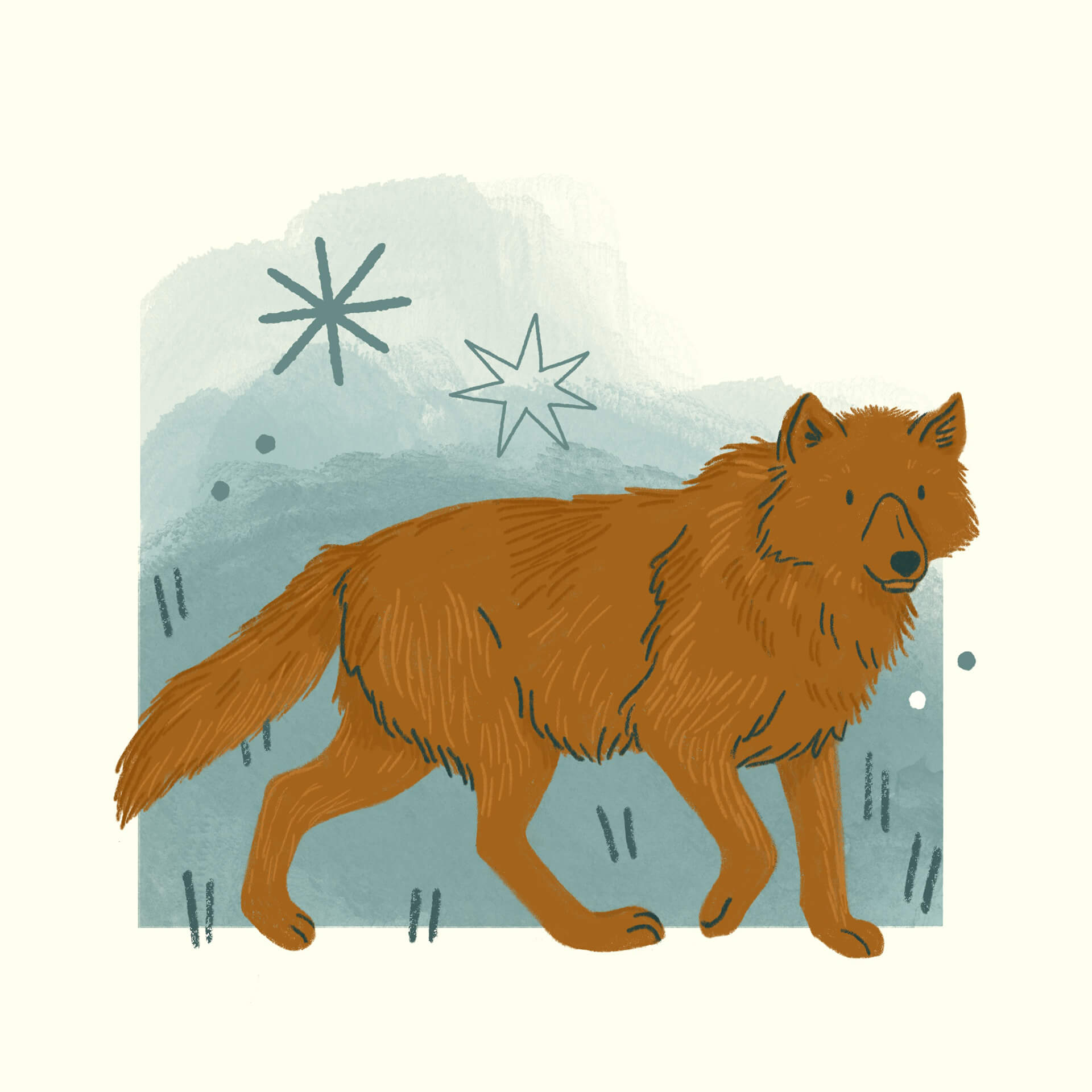 An illustration of an orange wolf in front of a blue watercolour background