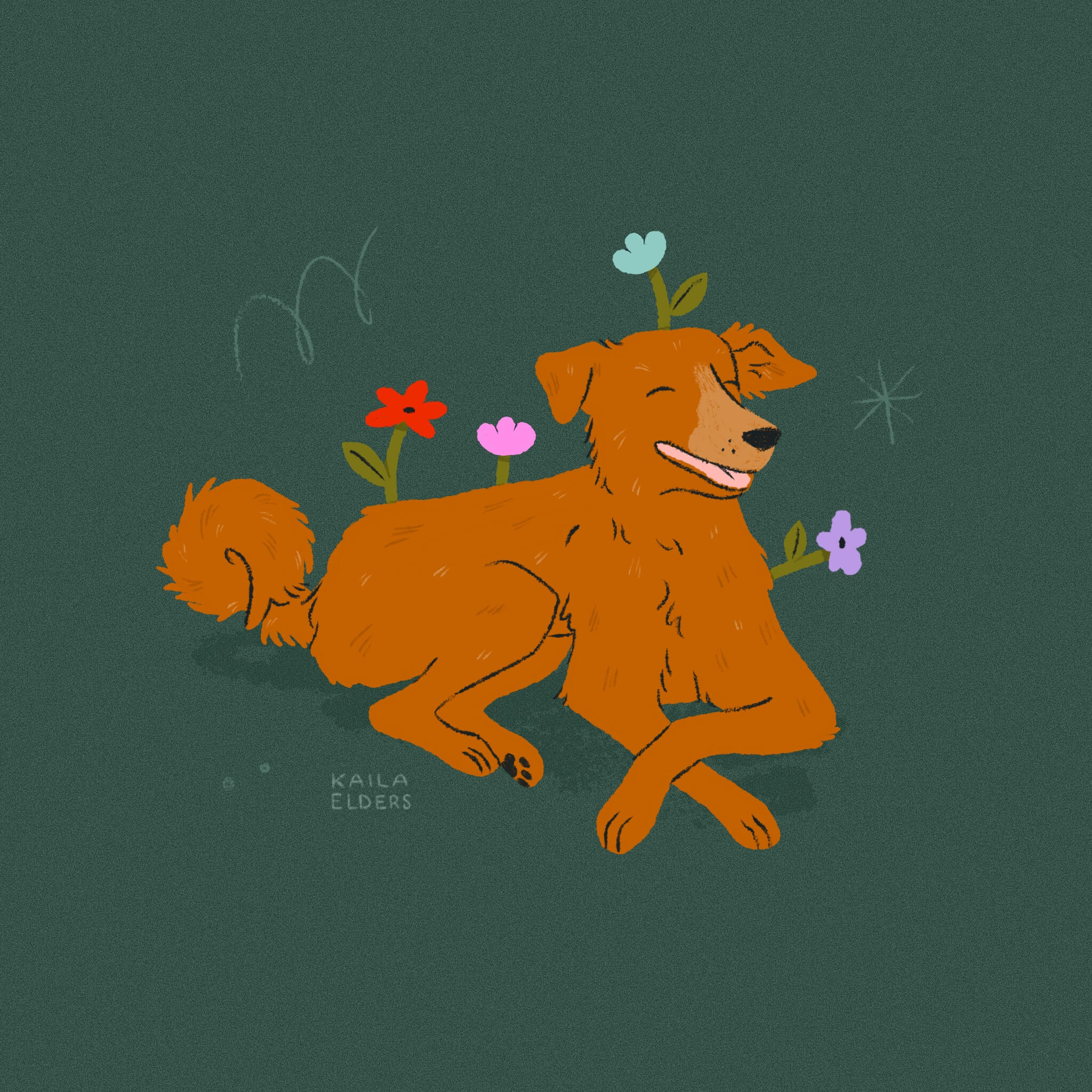 An illustration of an orange Aspin dog smiling and laying down, with colourful flowers growing out of its body in a whimsical way. The background is green with little star accents.