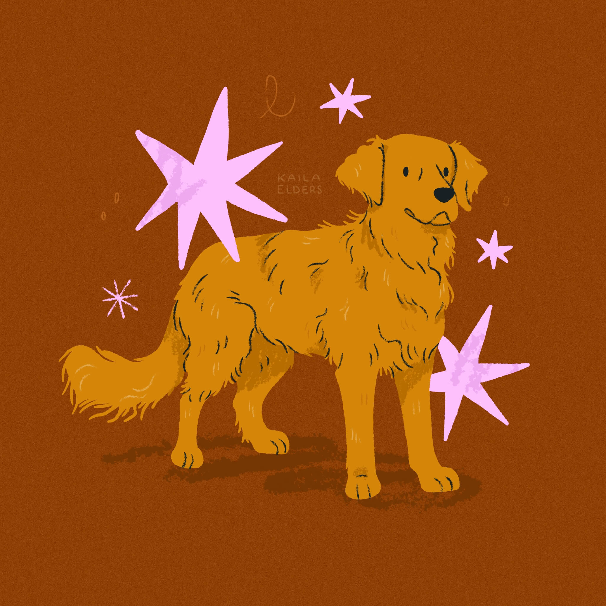 An illustration of a Golden Retriever dog standing with bright pink stars all around it, on a dark orange background.