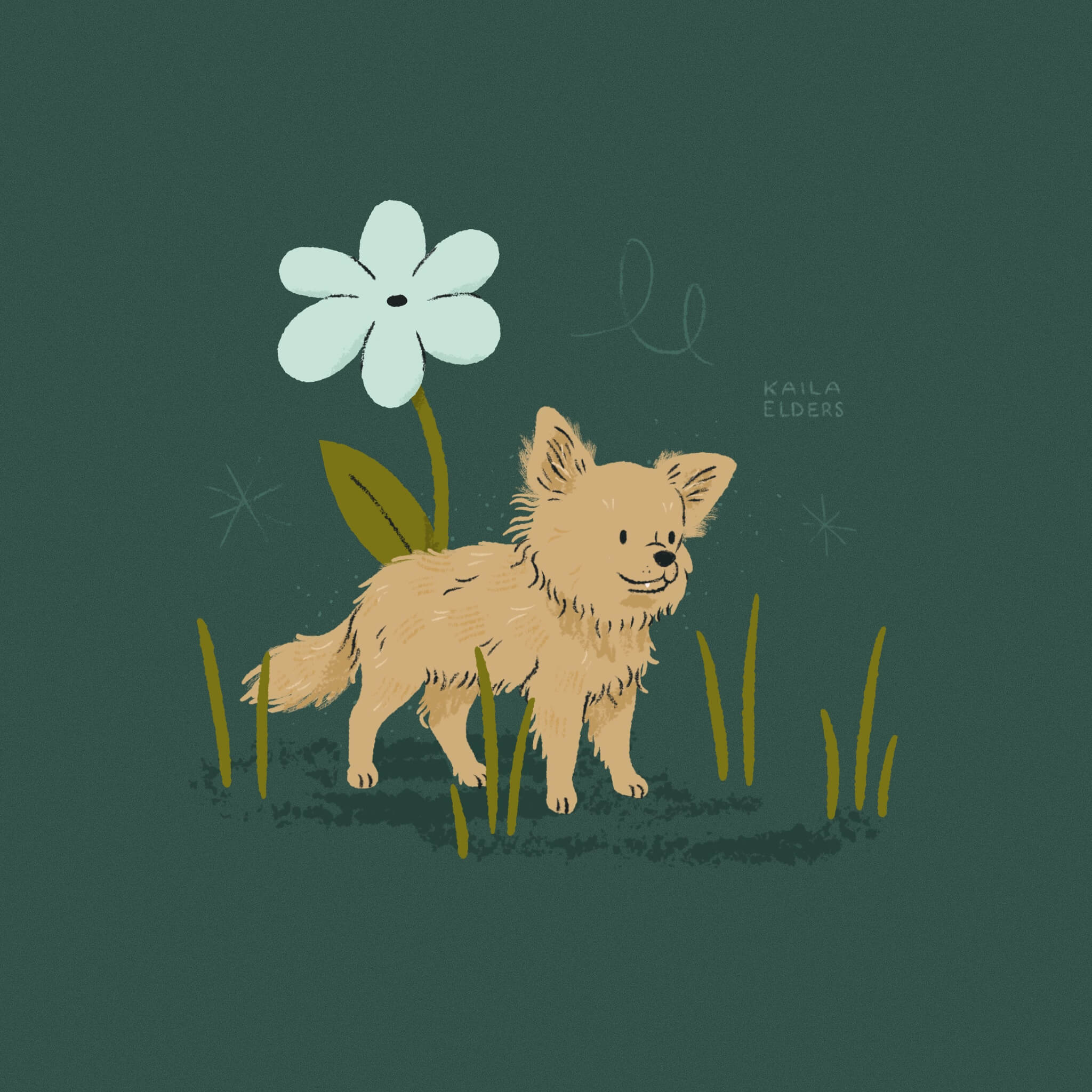 An illustration of a long haired blonde Chihuahua dog among some grass, a large blue flower growing behind it. The background is dark foresty green.