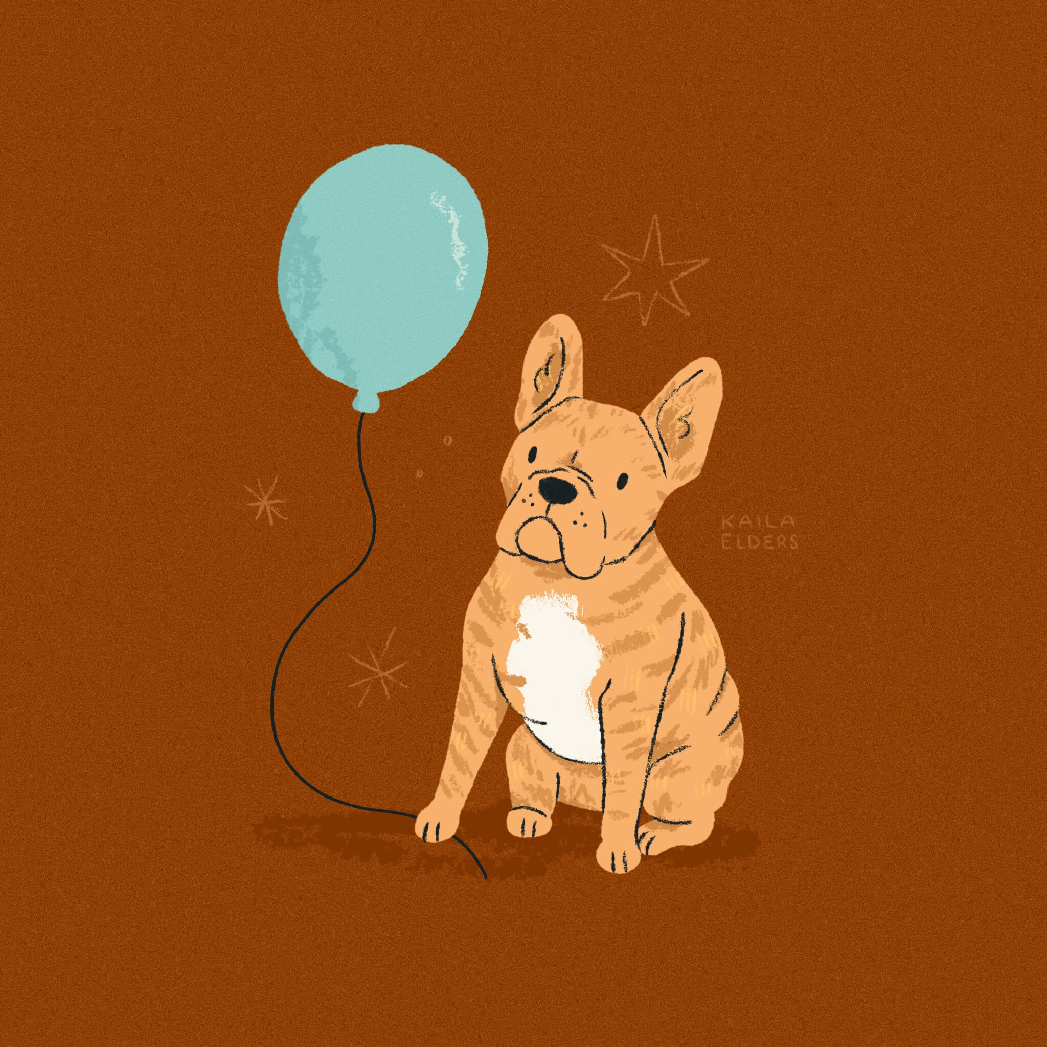 An illustration of a brindle French Bulldog sitting quietly with its paw on the string of a blue balloon floating next to it. The background is a dark burnt orange.