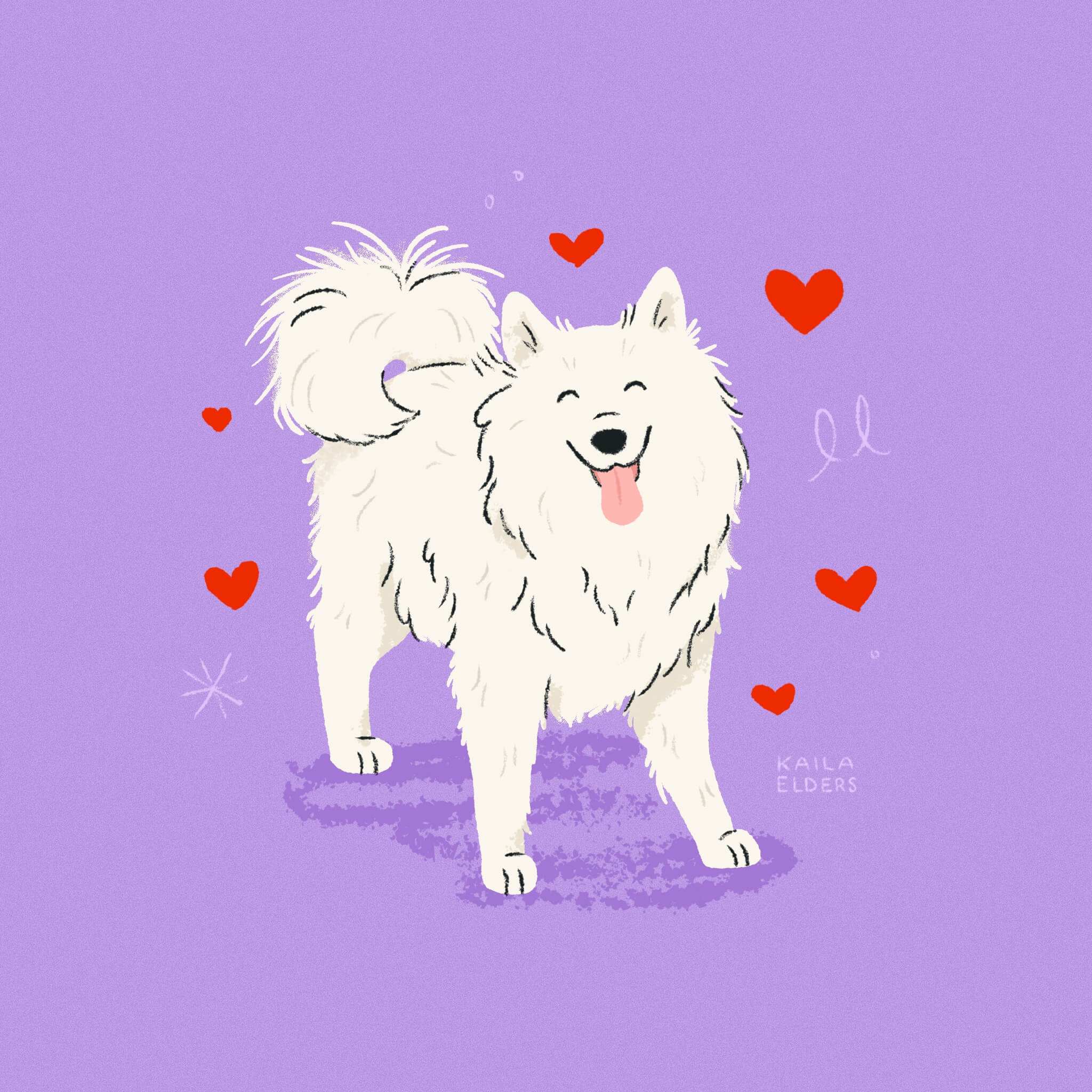 An illustration of a Samoyed dog smiling with its eyes closed and tongue out, surrounded by little red hearts on a lilac background.