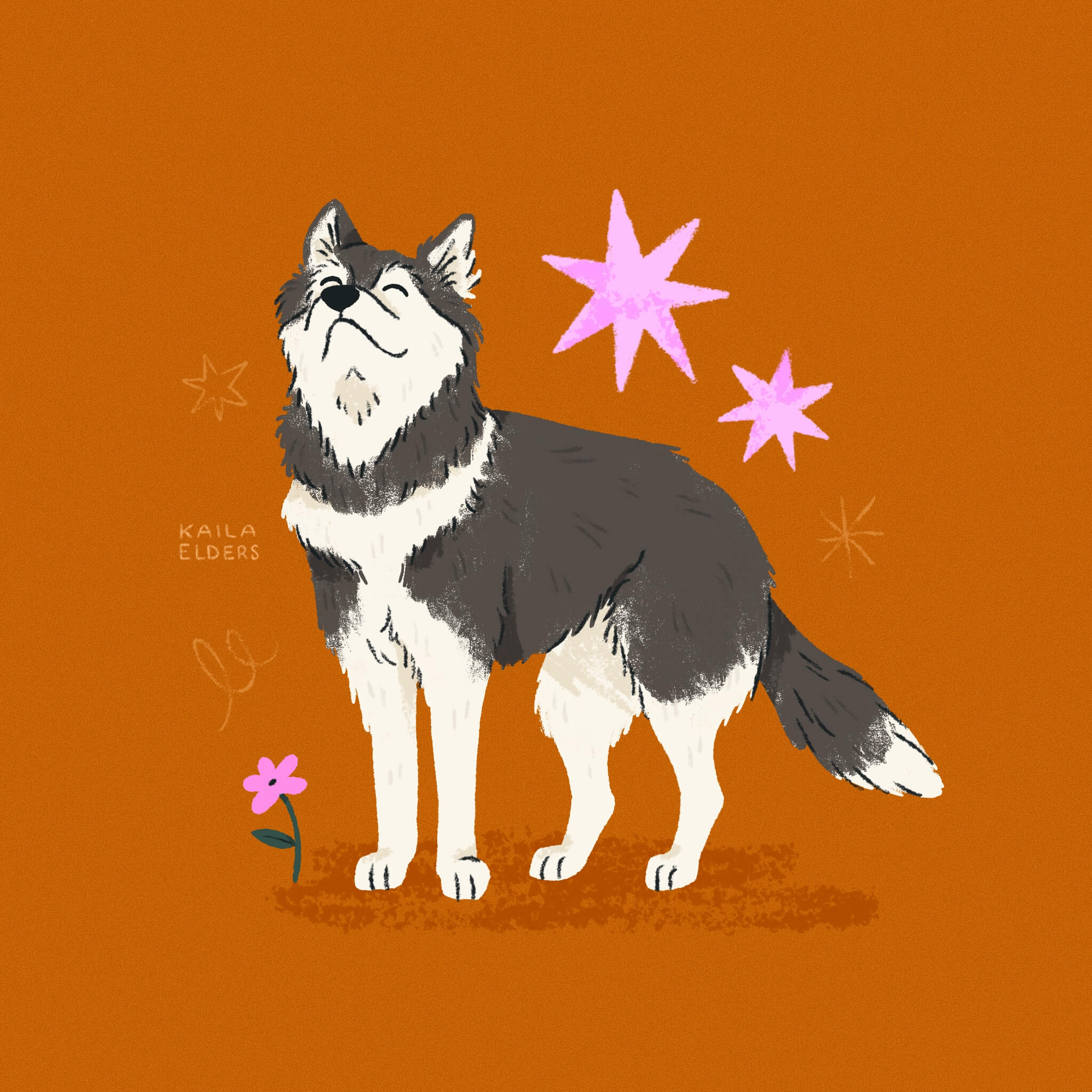 An illustration of a Siberian Husky dog standing with its face lifted and eyes close, smiling. There is a single pink flower next to its foot and two pink stars above its back. The background is a dark orange.