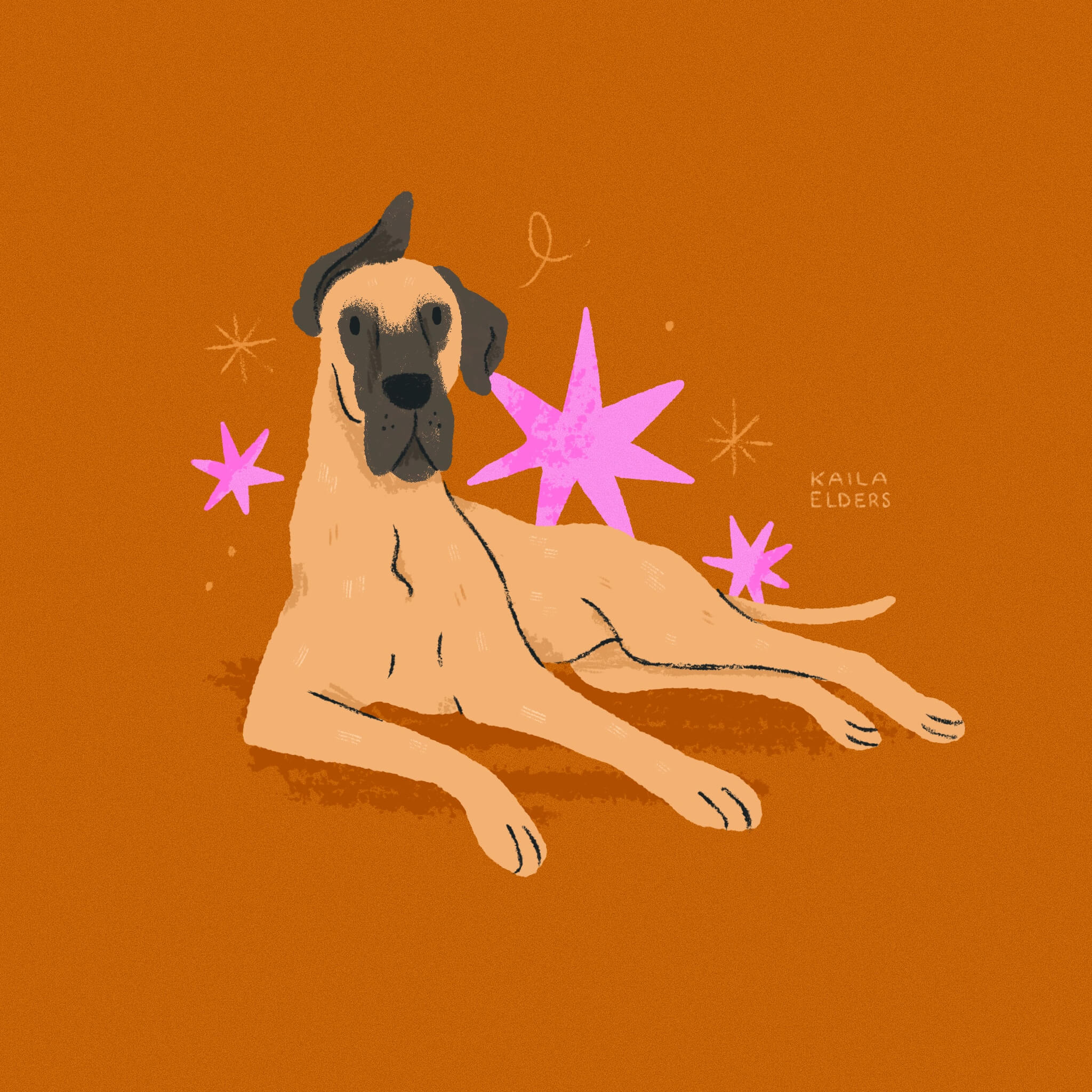 An illustration of a tan Great Dane lounging on its side, one ear flipped up over its head. There are bright pink stars around it, and the background is a dark orange.