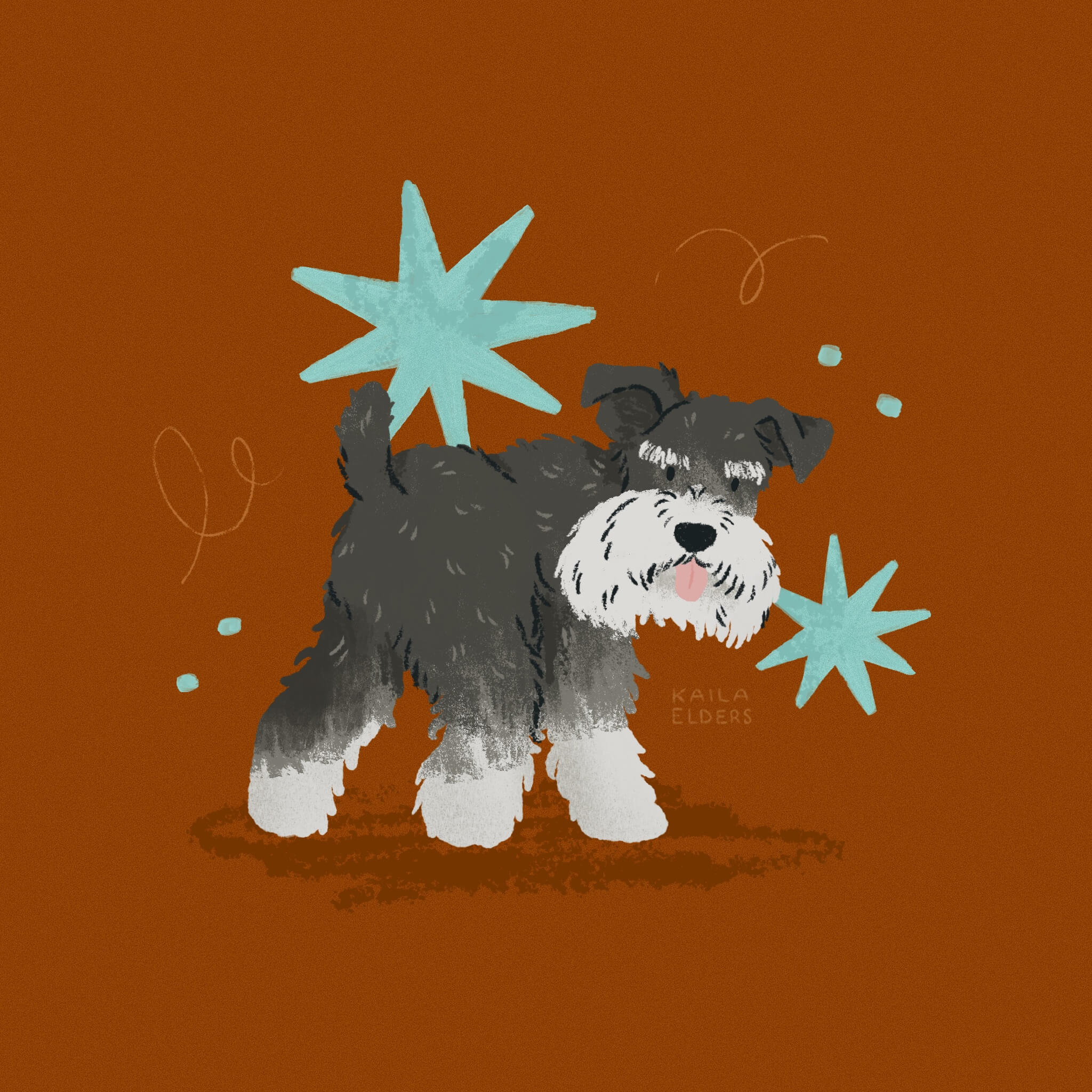 An illustration of a schnauzer standing with its butt to the viewer, with its head turned over its shoulder. There are light blue stars all around him and the background is a dark orange.