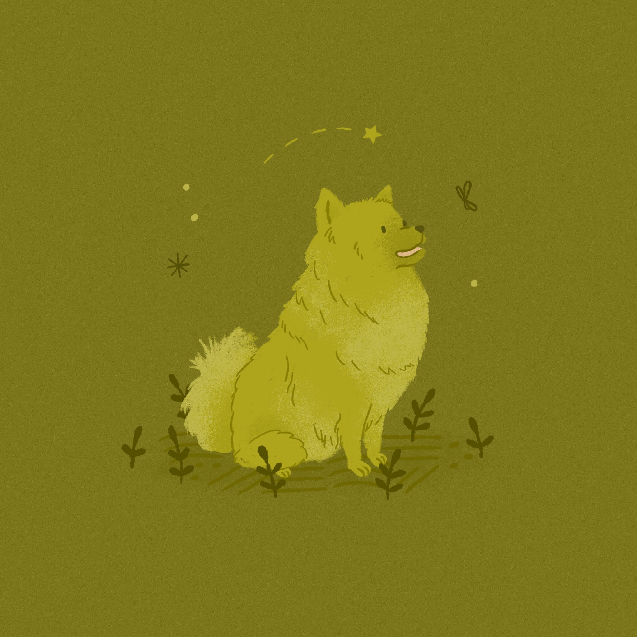 A monochromatic green illustration of a Mittelspitz dog sitting with some butterflies