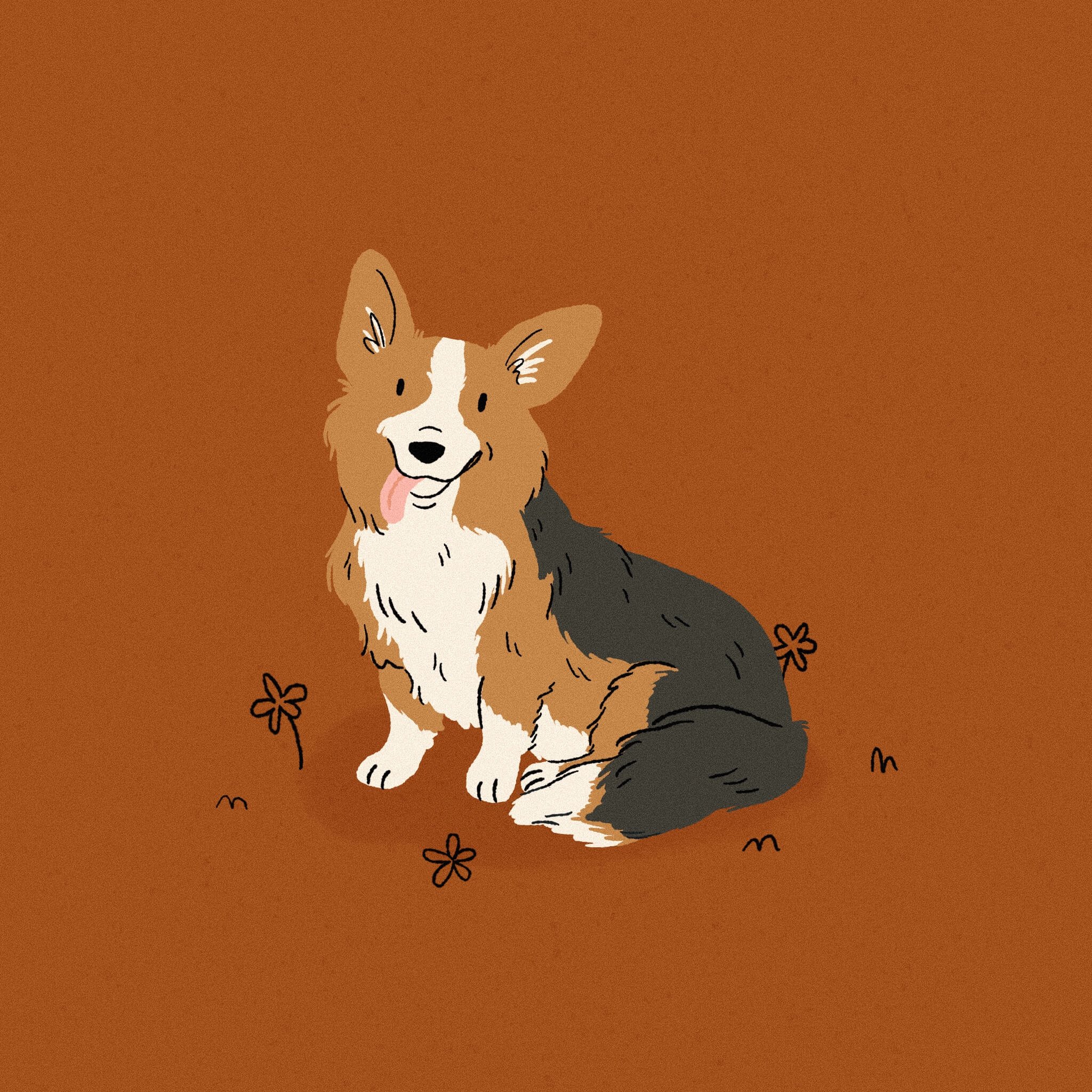 An illustration of a tricolor cardigan welsh corgi dog sitting with its long bushy tail tucked in front of it. The background is a dark reddish orange color.