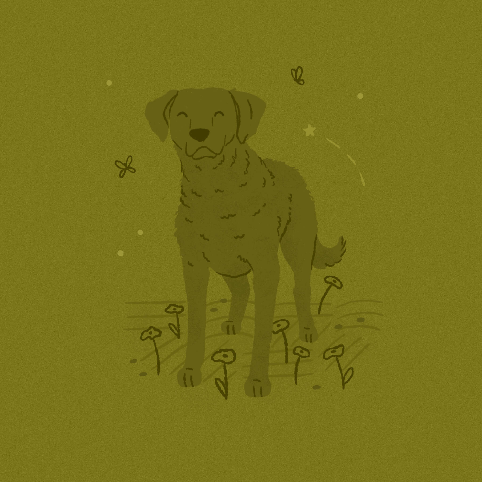 A monochromatic olive green illustration of a Chesapeake Bay Retriever dog standing among some flowers