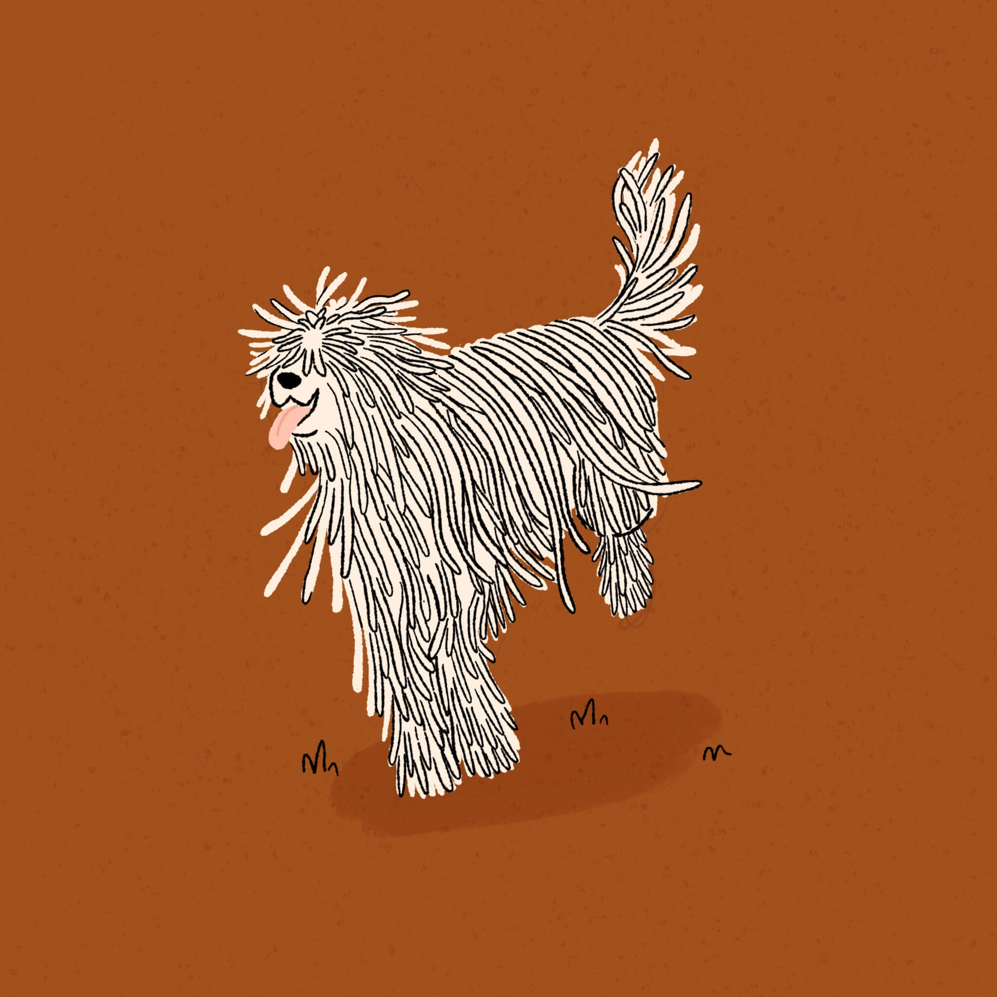 An illustration of a running white Komondor dog, its tongue out, on a dark orange background