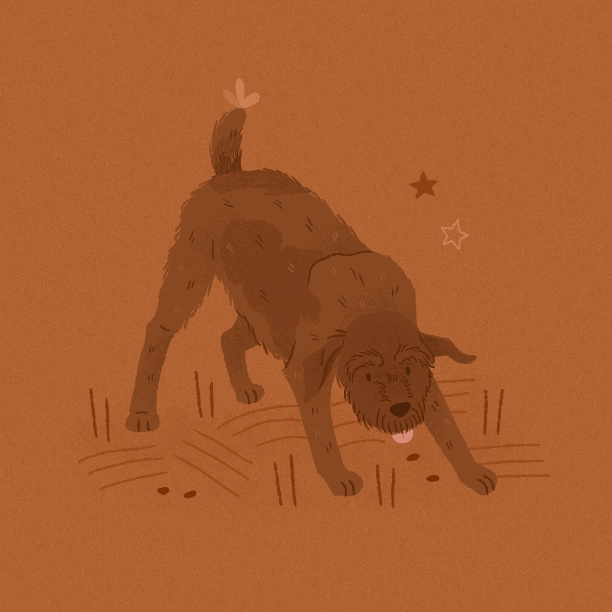 A monochromatic dark orange illustration of a wirehaired pointing griffon dog sniffing the ground, with a butterfly perched on its tail