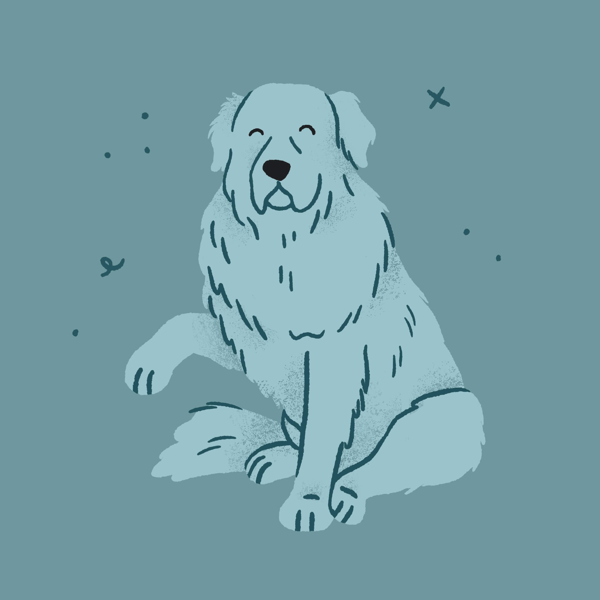 A monochromatic blue illustration of a Great Pyrenees Dog sitting with one paw up in the air, smiling with its eyes closed