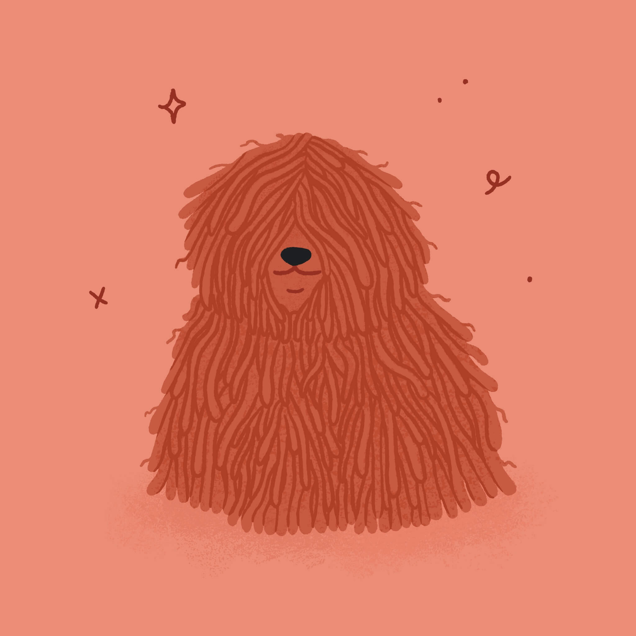 A monochromatic pink and red illustration of a Puli dog. Its eyes are hidden behind its hair