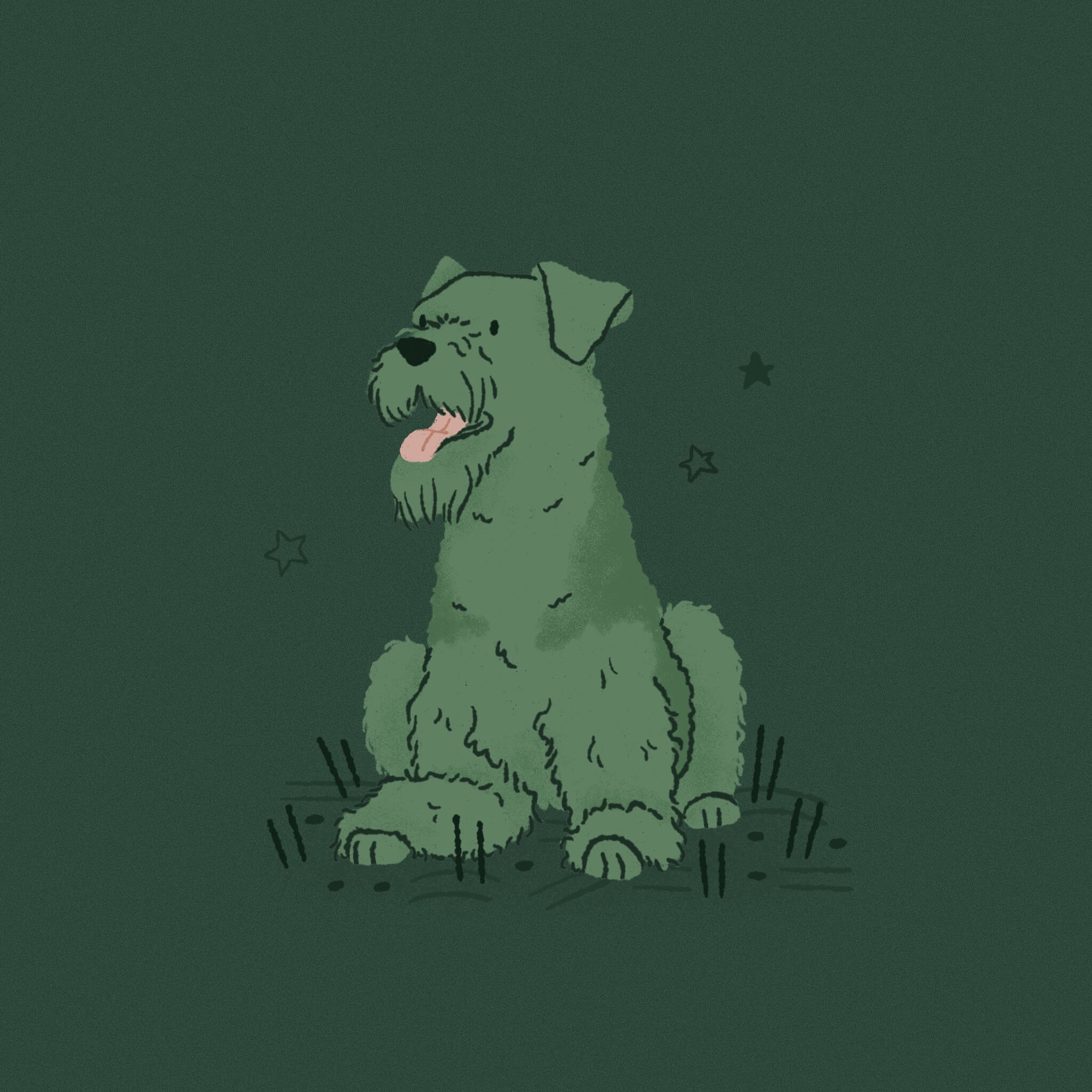 A monochromatic deep green illustration of an Airedale Terrier laying down facing the viewer with a happy facial expression