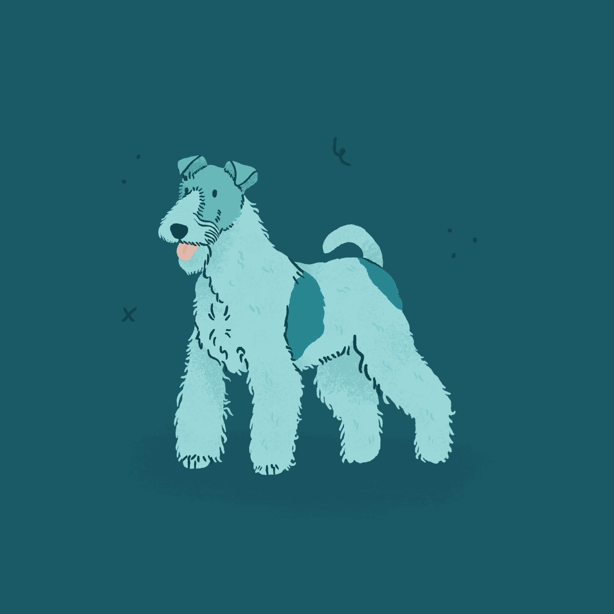 A monochromatic blue illustration of a Wire Fox Terrier dog