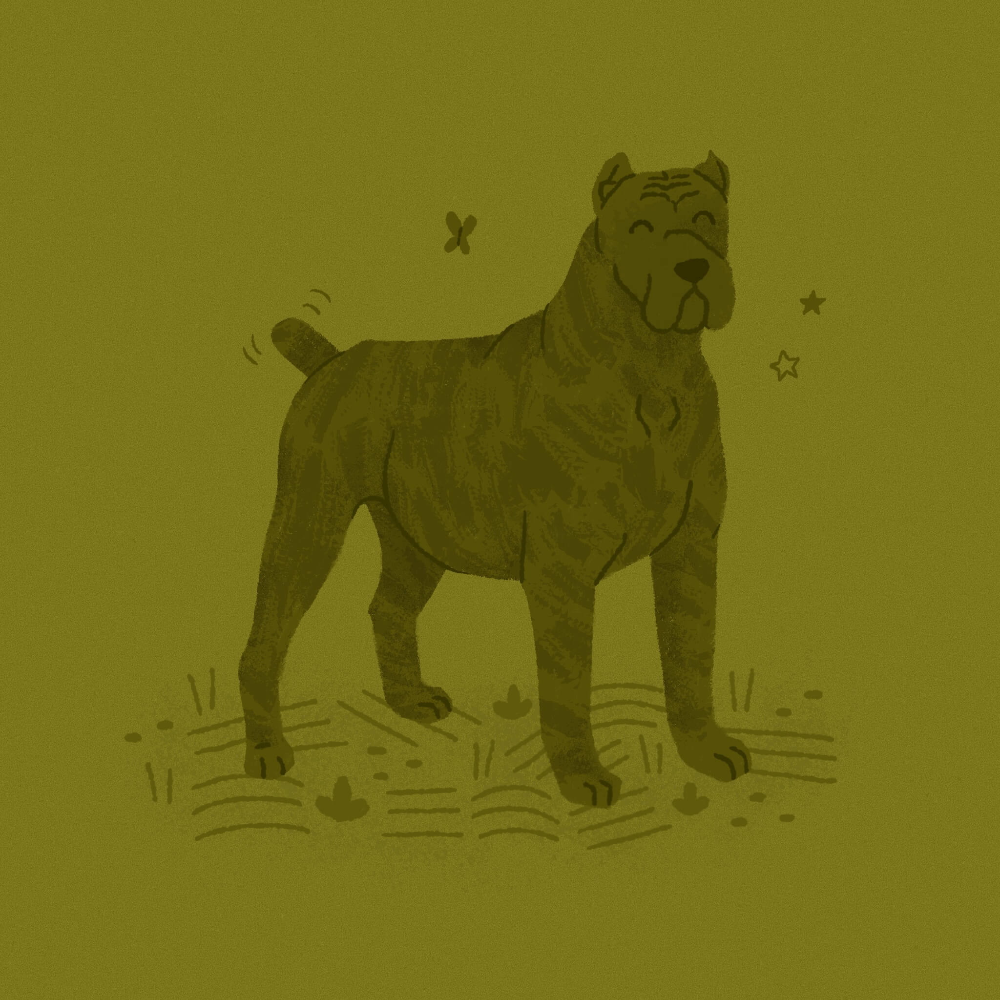 A monochromatic olive green illustration of a brindled Cane Corso dog smiling among some butterflies