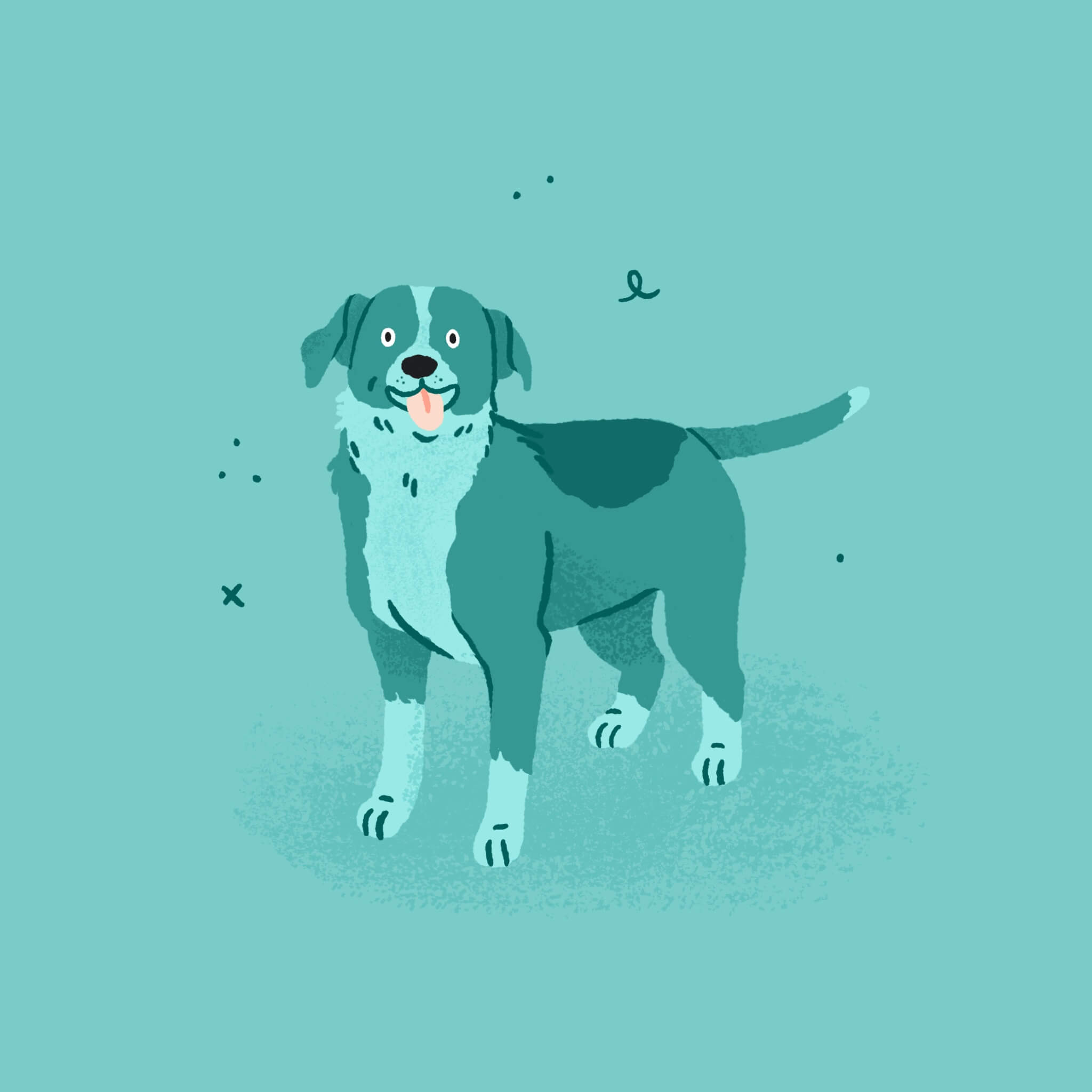 A monochromatic light blue illustration of a mixed breed dog with a spot on its back