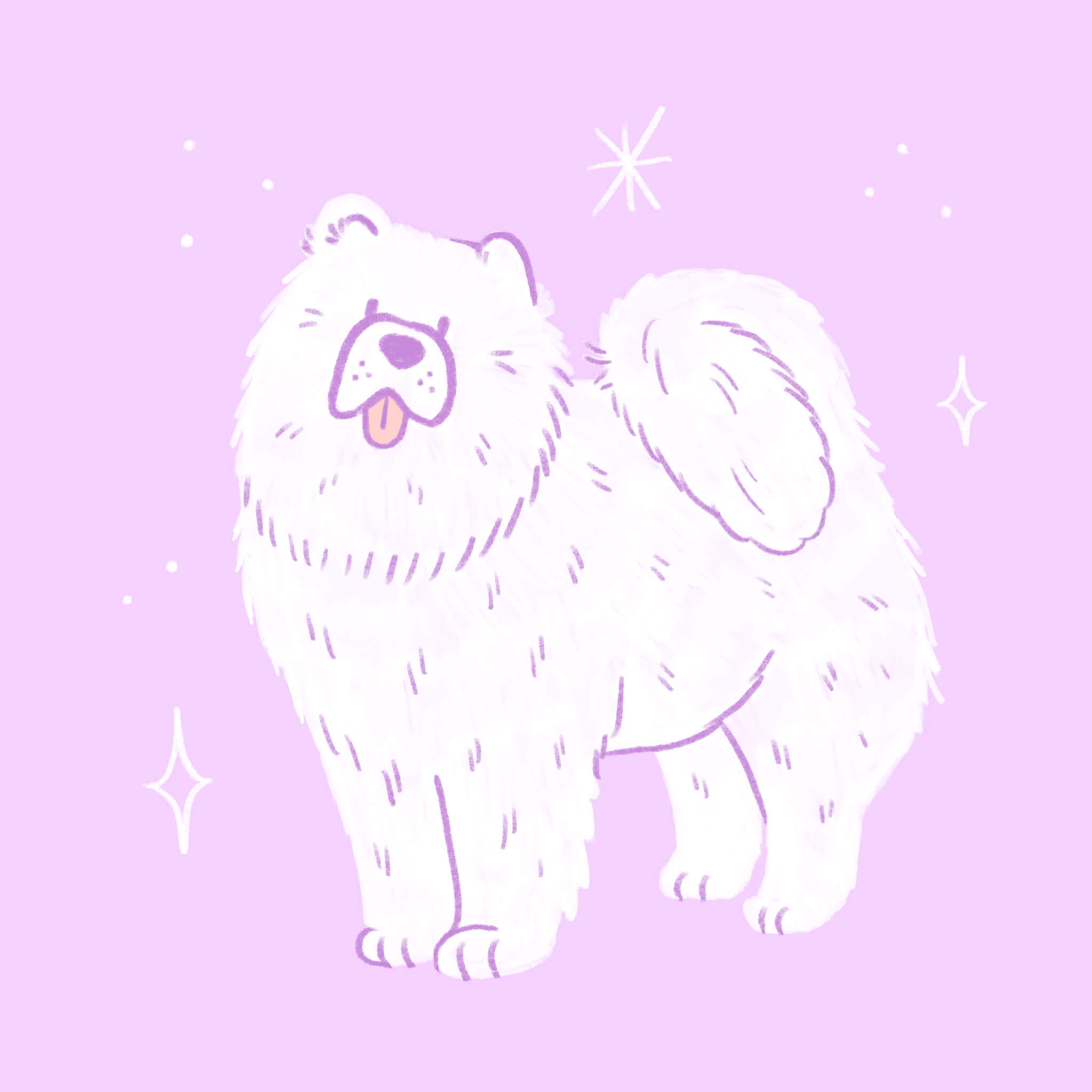 An illustration of a Chow Chow dog smiling with its tongue out