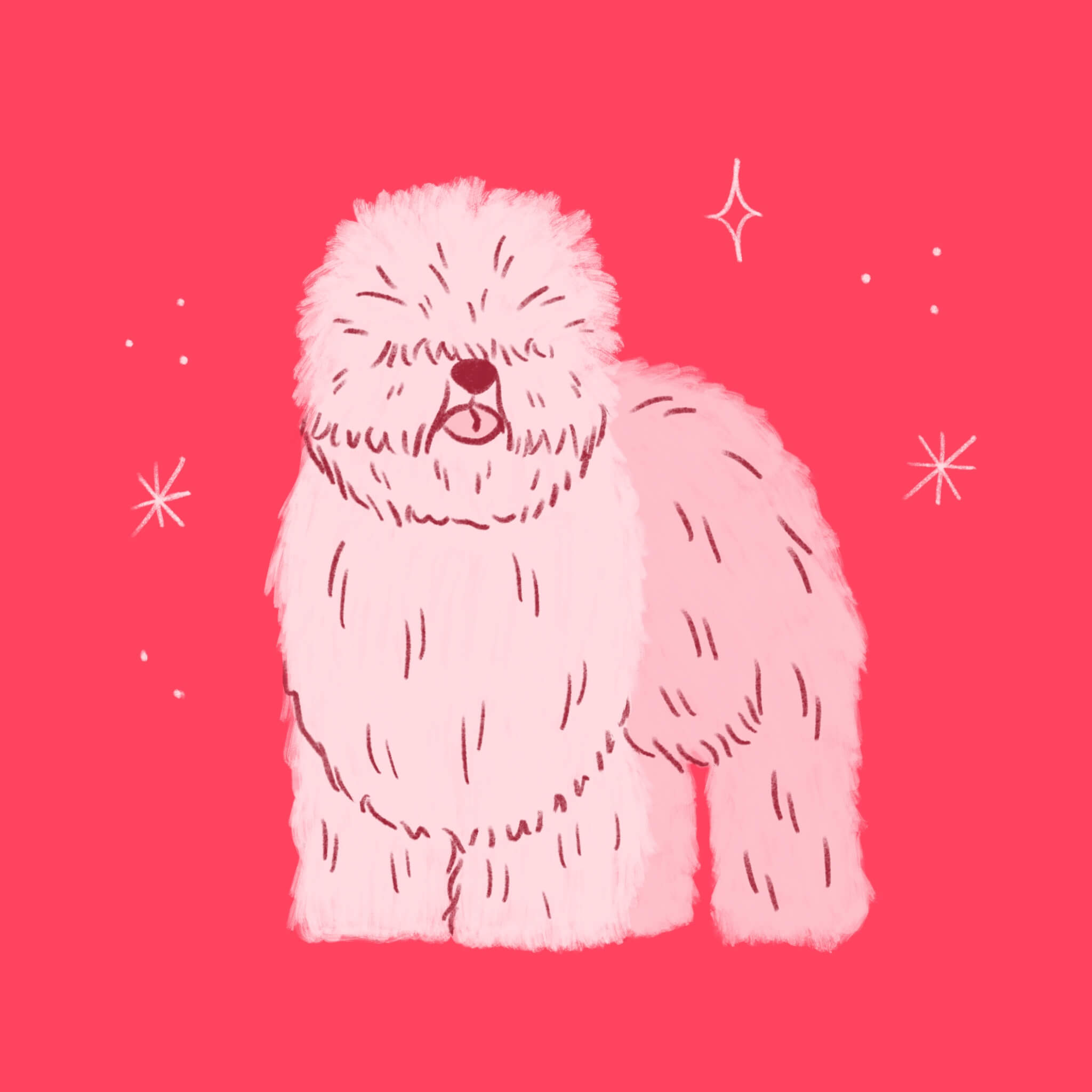 An illustration of a pink Sheepdog with its tongue out