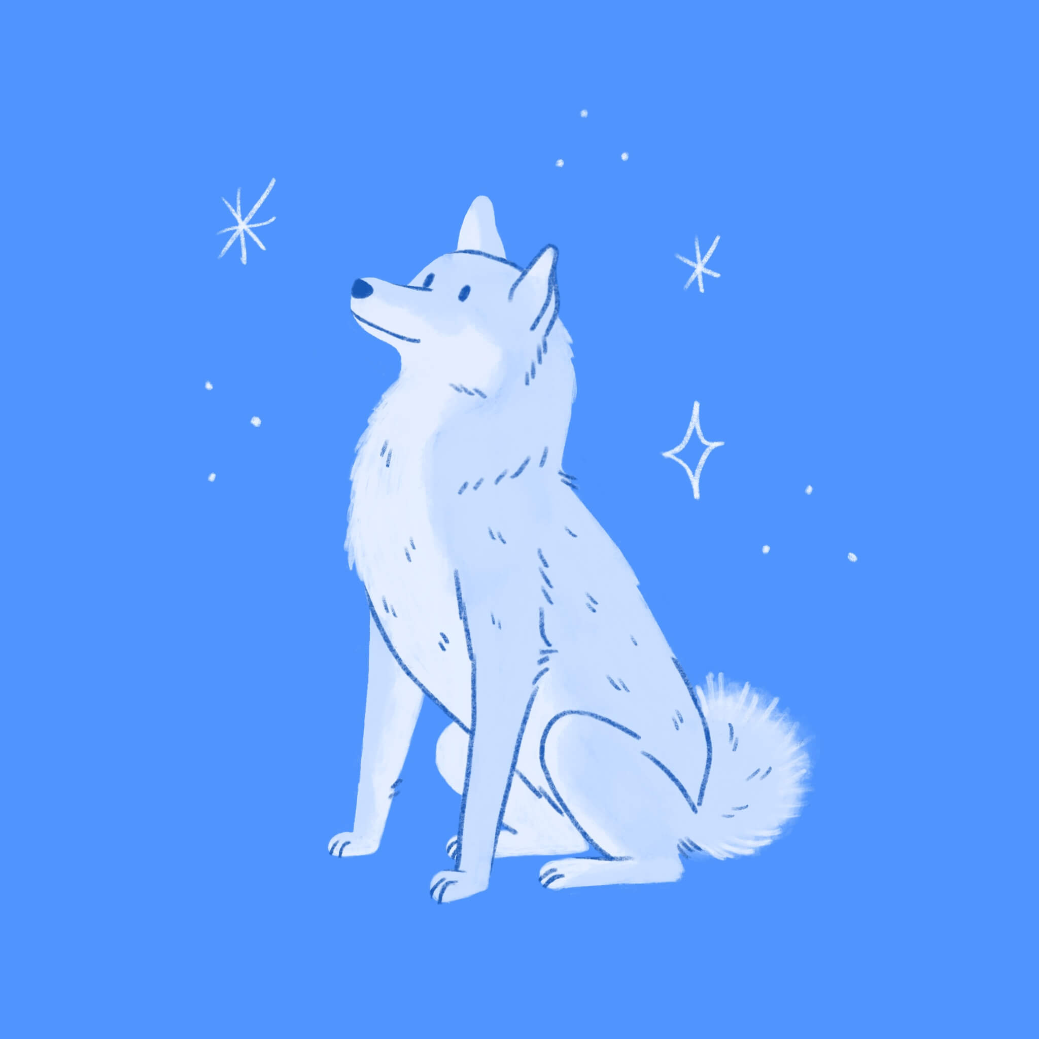 An illustration of a blue Shiba Inu dog sitting happily