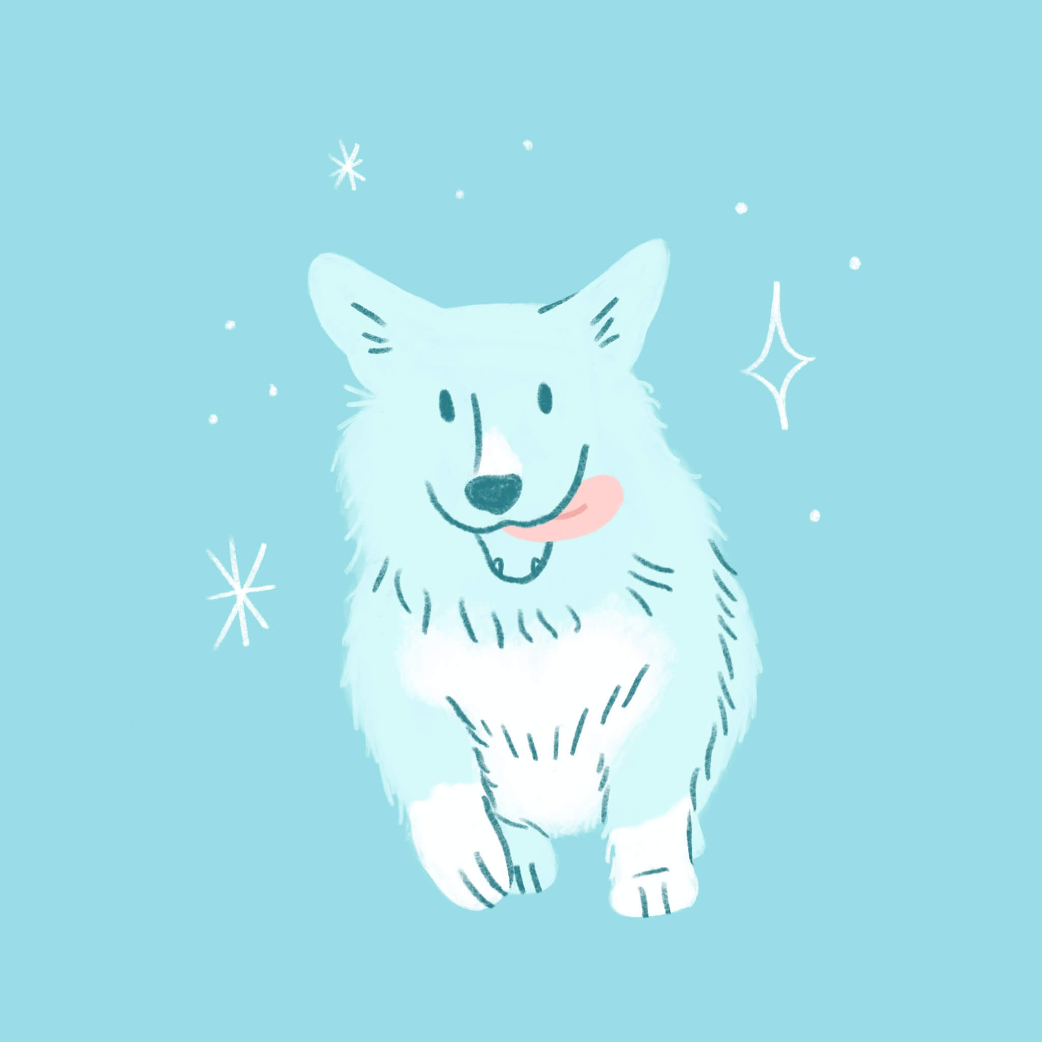 An illustration of a blue corgi running toward the viewer with its tongue hanging out happily