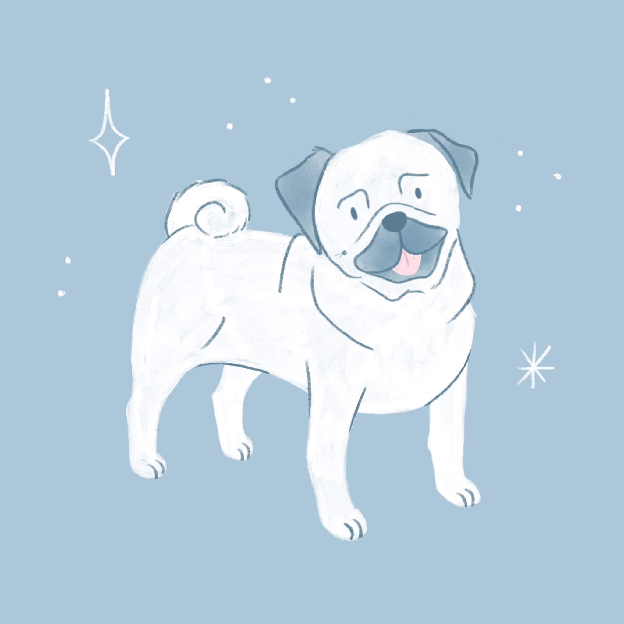 An illustration of a blue pug dog smiling at the viewer