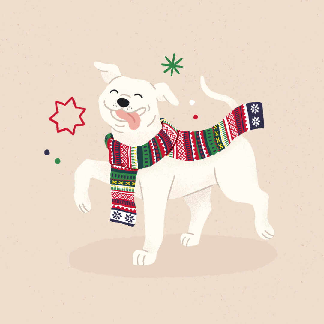 A digital illustration of a white pitbull dog prancing happily, with one paw raised. It is wearing a fair isle patterned scarf