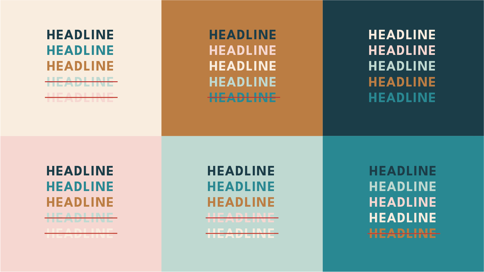 A set of examples of what colors are visible as text against different backgrounds