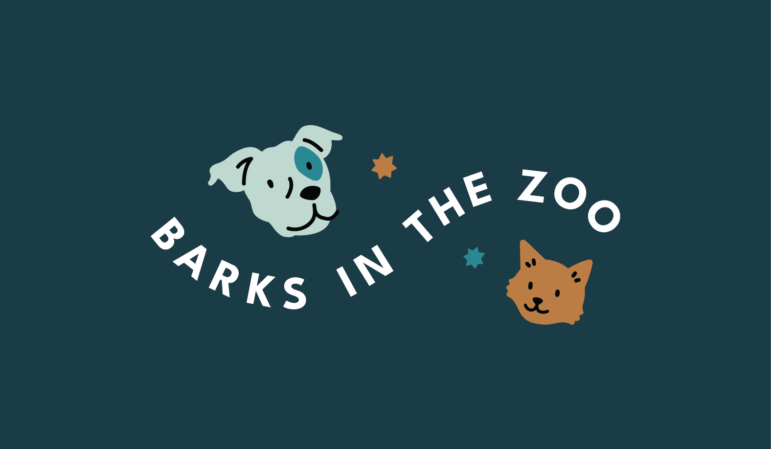 The Barks in the Zoo logo, featuring text on a wavy path with a blue dog and orange cat around it