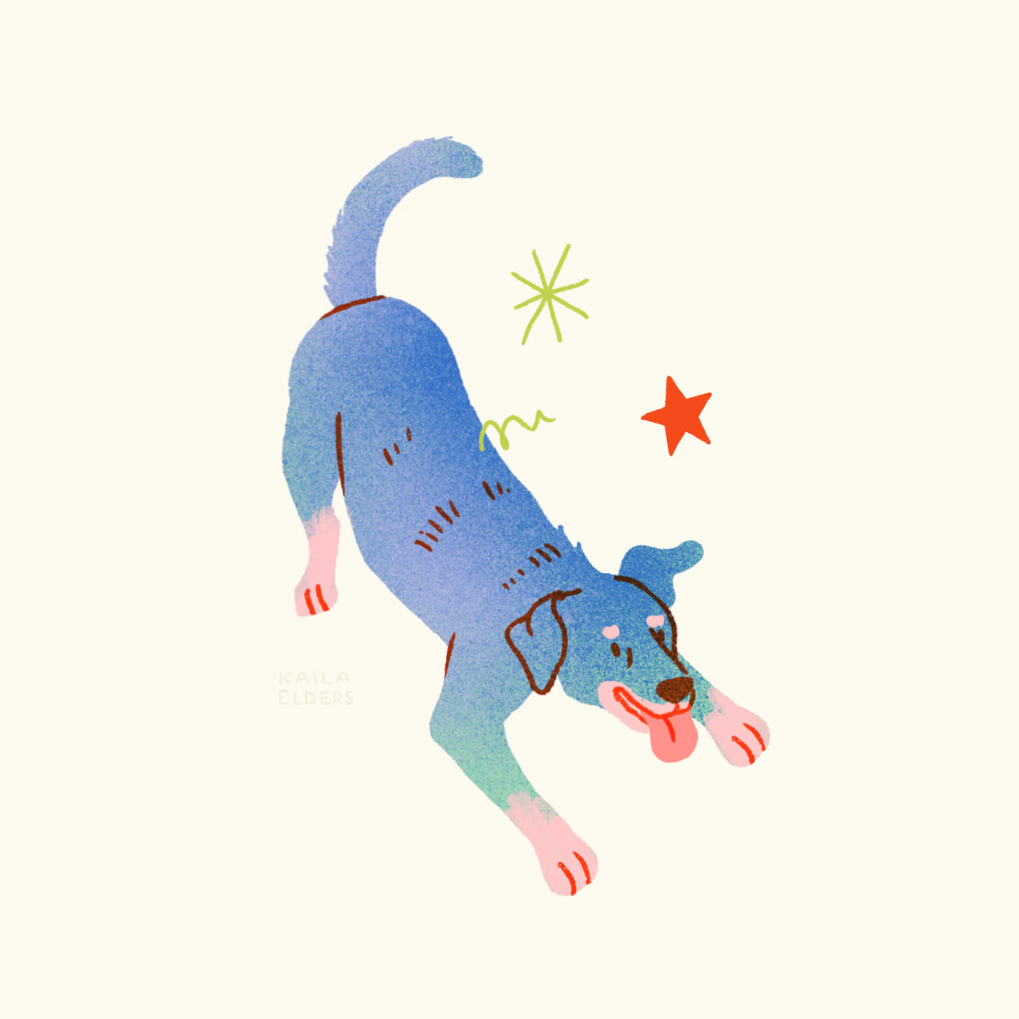 An illustration of a Beauceron dog in a play bow, with blue and pink colouring