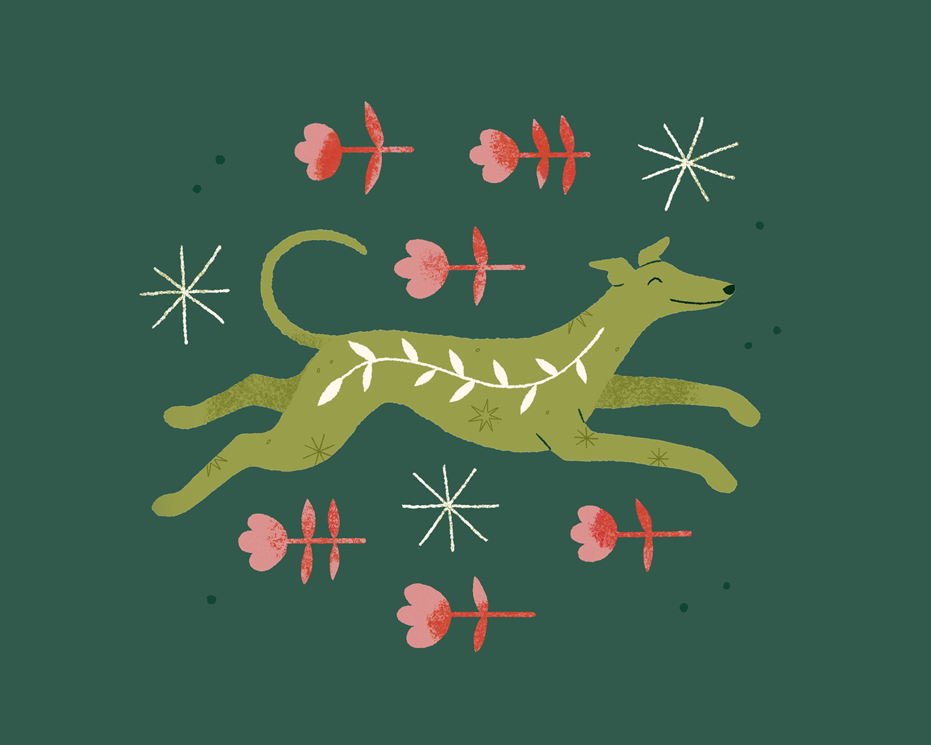 A digital illustration of a green sighthound running through some folksy flowers and stars