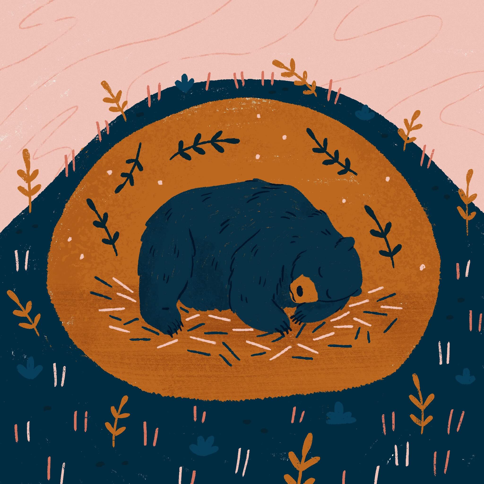 An illustration in pink, navy, and orange of a bear hibernating cozily in its den