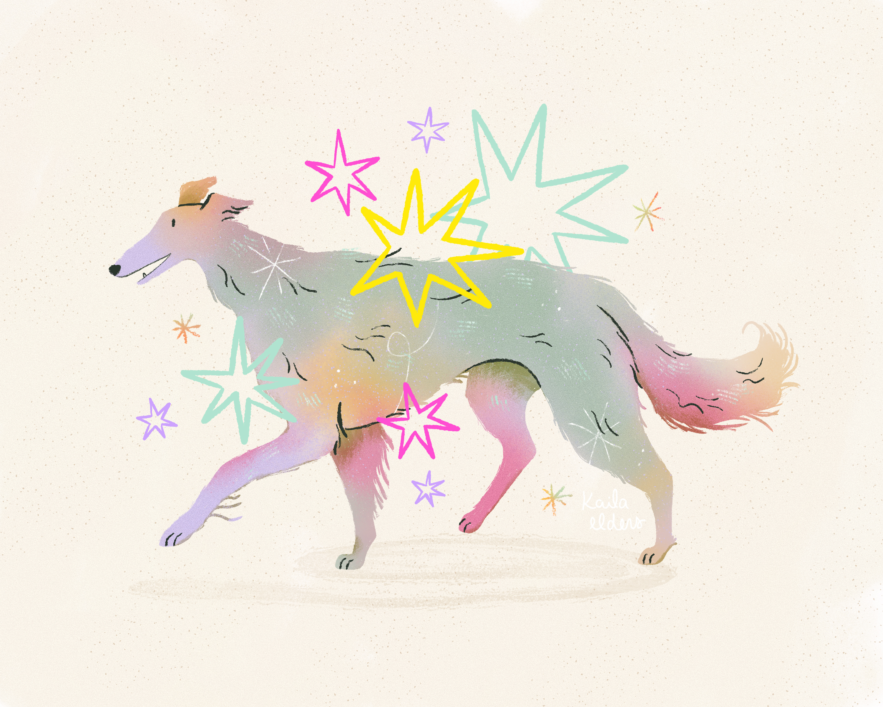 A digital illustration of a rainbow colored borzoi dog trotting through a bunch of colorful stars