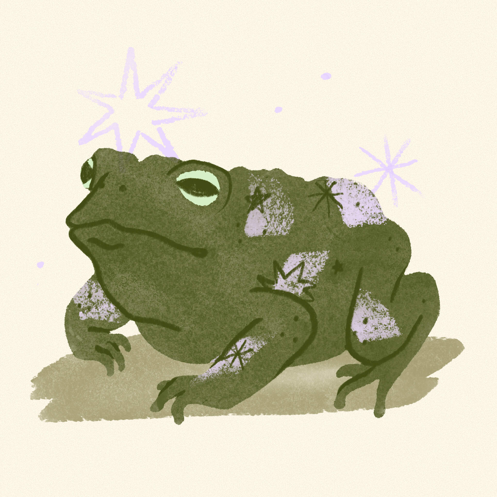 A digital illustration of a toad in a watercolor texture. It has lilac patches and dark green tattoos