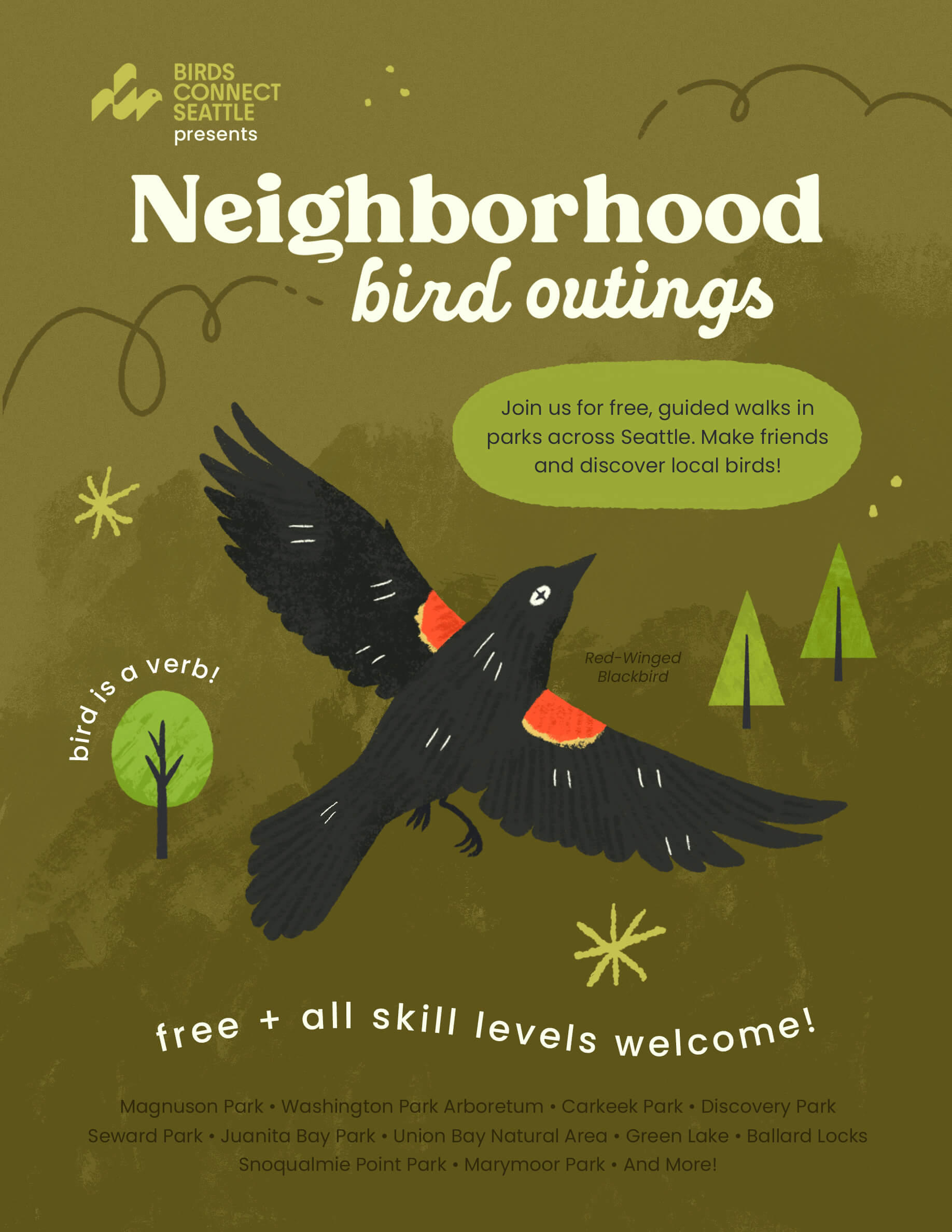 An event poster for Birds Connect Seattle's Neighborhood Outings, featuring a red-winged blackbird