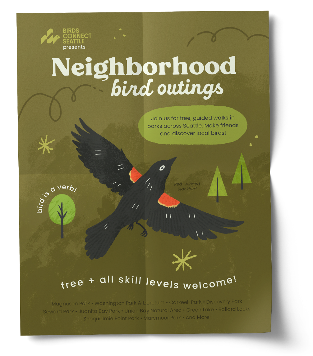 Mockup of an event poster for Birds Connect Seattle's Neighborhood Outings, featuring a red-winged blackbird