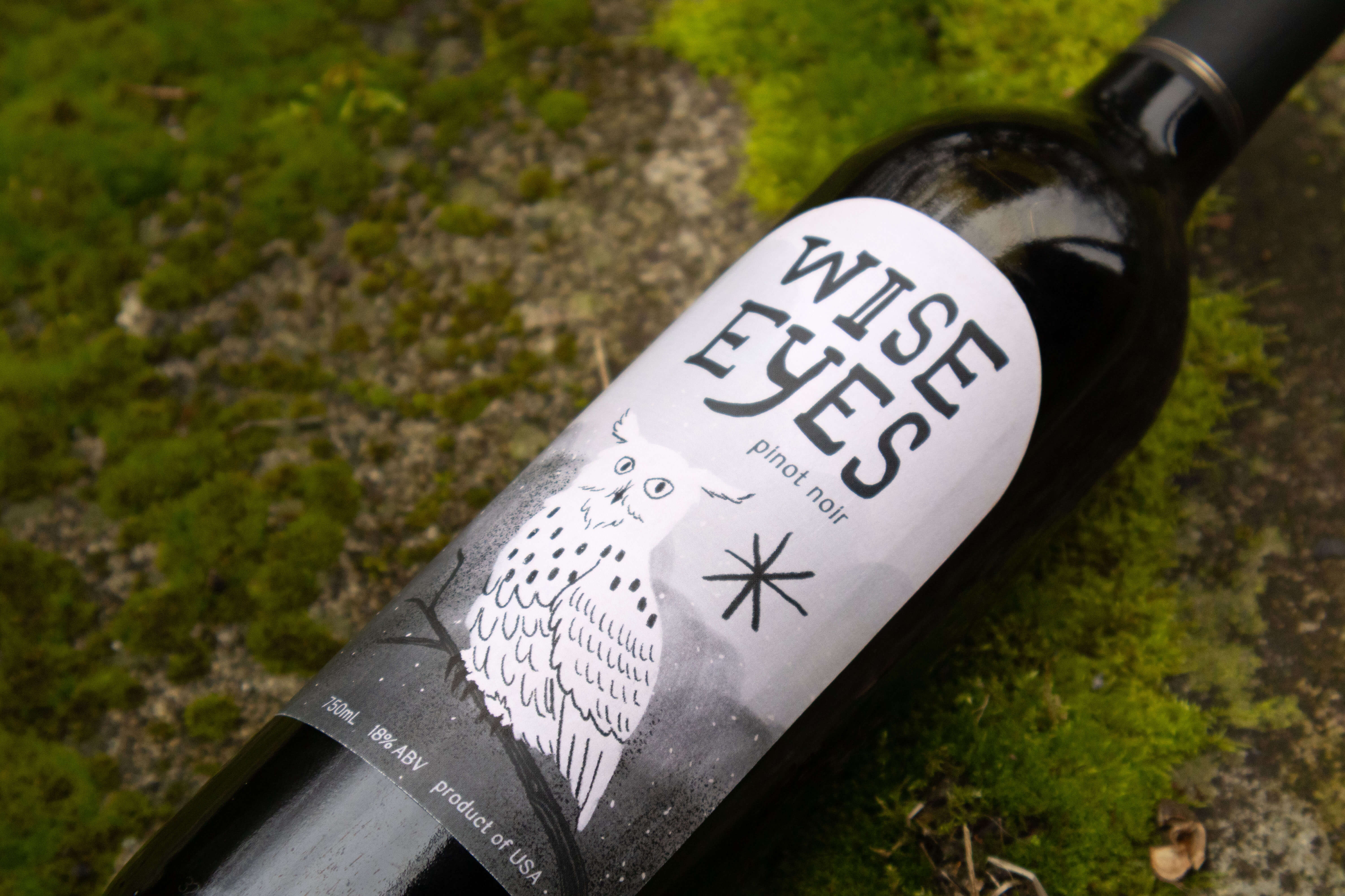 a close up image of a wine bottle label called Wise Eyes. It features an illustrated owl on a branch in front of a textured grey background