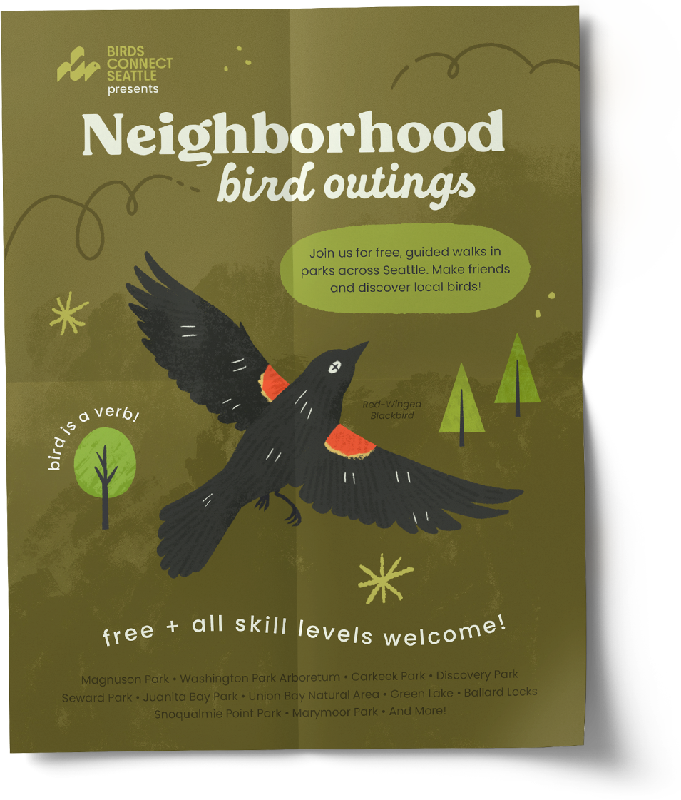 Mockup of an event poster for Birds Connect Seattle's Neighborhood Outings, featuring a red-winged blackbird